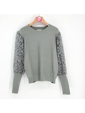 CALLIGRAPHIE Anthropologie Green Cable Knit Sheer Lace Sleeves Sweater Women's M